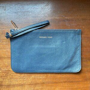 Michael Kors Blue Leather Flat Zip Wristlet – Slim Leather Pouch – 3 Card Slots